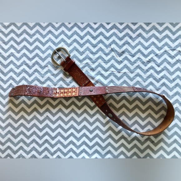 Vintage Y2K Fossil Brown Leather Patchwork Detailing Women’s Belt, Size MED - Picture 1 of 4